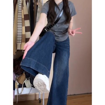 復古藍慵懶松弛感牛仔褲女大碼胖mm梨形身材寬松遮胯拖地闊腿褲秋