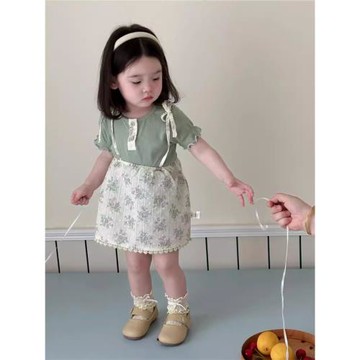 韓版夏款女寶寶短袖T恤碎花吊帶裙兩件套中小童洋氣公主裙套裝潮