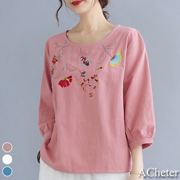 【ACheter】玲瓏花刺繡棉麻七分袖寬鬆上衣 # 110134(現貨+預購)