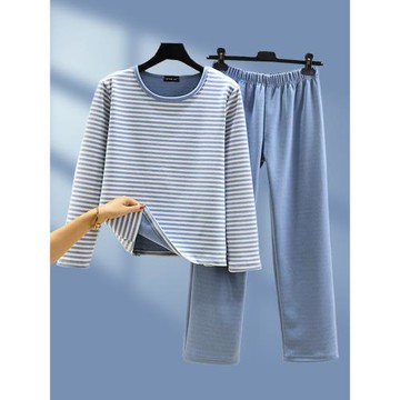 德絨休閑家居服套裝女冬簡約圓領條紋保暖睡衣加厚長袖長褲兩件套