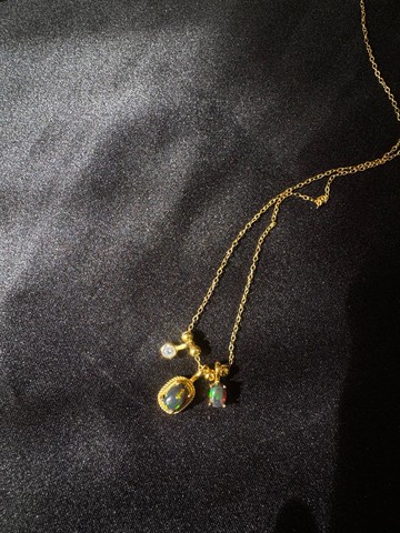 雙雙。s925 純銀 鍍18k 黑歐泊 蛋白石 項鏈 Silver Necklace