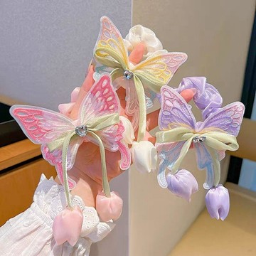 🥇金牌賣家 優選直營💎兒童2026刺繡蝴蝶大腸髮圈女孩丸子頭皮筋鬱金香小公主頭繩髮飾