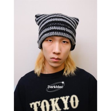 【Darkblue】毛線貓耳嘻哈冷帽針織帽韓版保暖包頭帽網紅日系街頭
