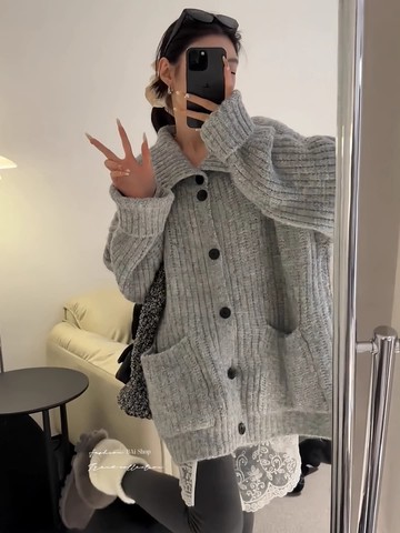 慵懶加厚毛織外套／毛衣長版寬鬆大版外套－【350689】