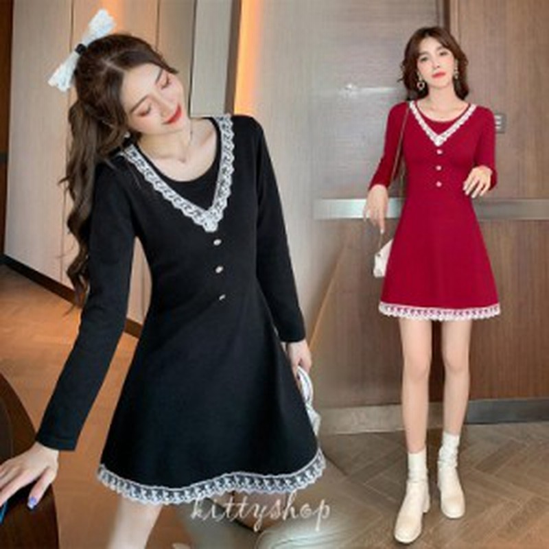 ニットワンピース 黒 レース 可愛い ショート丈ワンピース Aラインワンピース 長袖 ニット ワンピース ワイン赤 ミニワンピース ブラック 通販 Lineポイント最大1 0 Get Lineショッピング