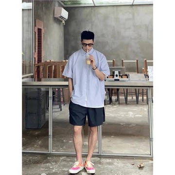 (免運)Batterup2025夏季日系cityboy休閑襯衣條紋廓形寬松短袖襯衫男潮