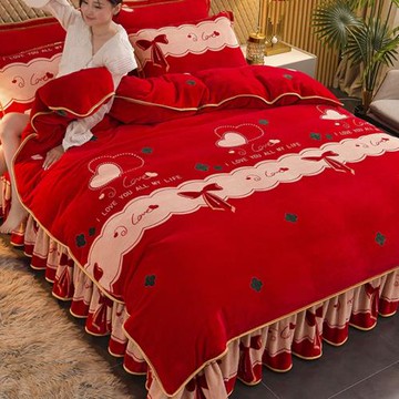 冬天加厚毛絨珊瑚牛奶絨四件套法蘭絨被套大紅色結婚喜慶床上用品
