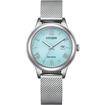 CITIZEN 星辰 光動能典雅羅馬水波紋時尚女錶/湖水綠/31.5mm/EW2621-75M
