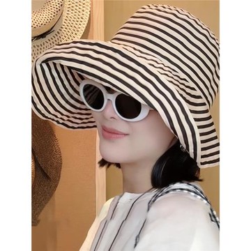 日系可折疊夏季條紋漁夫帽女新款長防曬帽子時尚盆帽大頭圍太陽帽