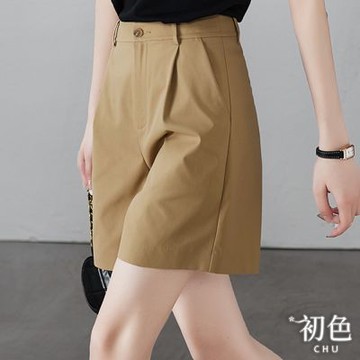 初色 韓系簡約通勤風純色高腰顯瘦五分闊腿休閒褲寬褲短褲-共3色-12321(M-2XL可選)