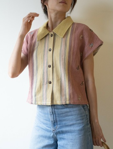 泰國手織\\短袖襯衫//純棉自然染玫瑰粉