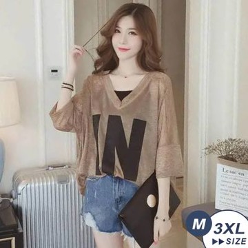 【LANNI 藍尼】現+預 氣質寬鬆字母兩件式吊帶七分袖T恤(女上衣/寬鬆/短袖)