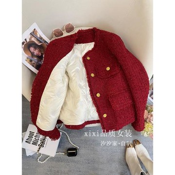 圣誕紅色小香風羽絨服女冬季2024新款高端法式亮絲流蘇羊毛呢外套