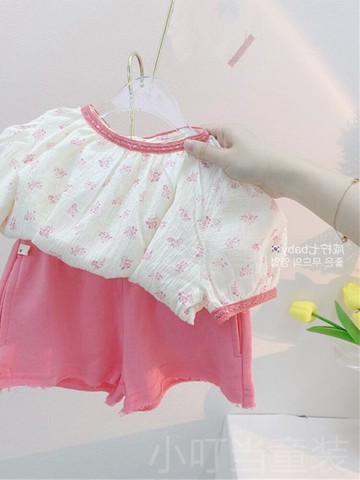 夏季新款兒童碎花短袖襯衫女童薄款娃娃衫女寶寶泳衣上衣純棉