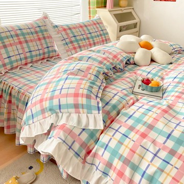 春秋韓版花邊少女風簡約格子條紋床單床裙植物羊絨小清新四件套
