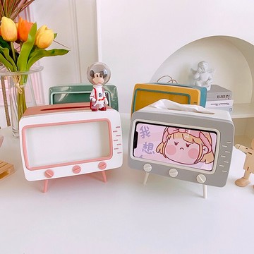 ins可愛電視造型紙巾盒家用手機支架宿舍煲劇置物架桌面擺件