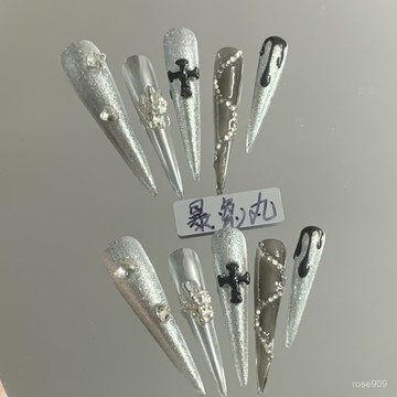 ✨Hannah✨銀翼殺手5.0超長尖超長款十字架辣妹穿戴甲手工製作可反複使用美甲師暴兔丸 AAWX