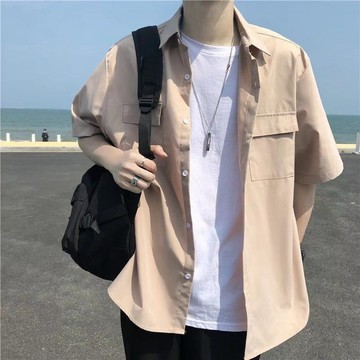 工裝風襯衫男短袖夏季寬鬆港風潮流ins百搭純色薄款口袋半袖上衣