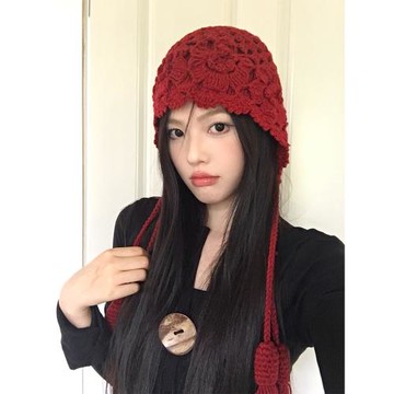 川西旅游花朵流蘇紅色毛線帽子女秋冬針織包頭帽護耳顯臉小套頭帽