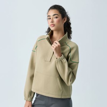 元動力 立領撞色棉質長袖抽繩上衣(卡其；S-L)