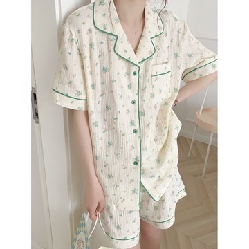 超舒服☁️韓版ins甜美少女睡衣 夏天薄款舒適嬰兒棉感居家服 短袖短褲睡衣 女睡衣 開衫短袖家居服套裝 兩件套睡衣