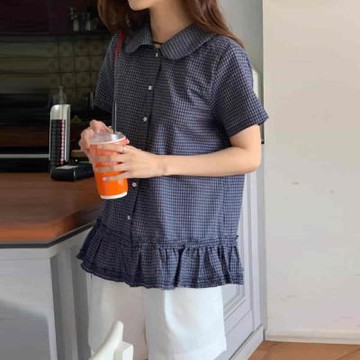正韓襯衫 荷葉格紋短袖襯衫SOE1013-創翊韓都