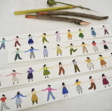 手拉手 可愛い女の子 塩系タッチ 手帳デコ 和紙膠帶 (kiss-cut)