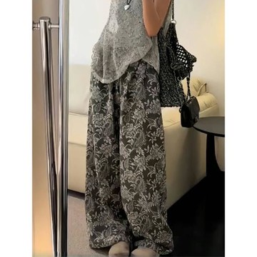 亞麻闊腿褲女夏秋東大門復古提花休閑褲潮新中式國風寬松直筒褲子