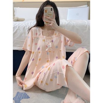 夏季棉綢睡衣女卡通可愛短袖七分褲薄款人造棉寬松家居服學生套裝