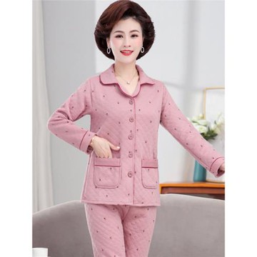中年媽媽睡衣女秋冬季加厚純棉長袖中老年空氣夾層夾棉老人家居服