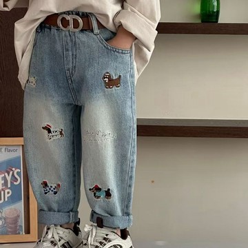 男童牛仔褲 夏季冰絲男童女童褲子春秋新款兒童2024牛仔褲2025寬鬆小童長褲刺繡春款