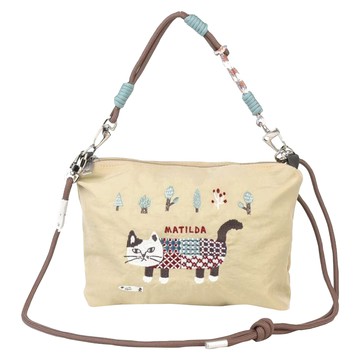 kUSUgURU JAPAN 日本眼鏡貓 三用法傘繩包 肩繩手柄可拆提包 Matilda款  米色偏綠  22 x 16 x 7cm
