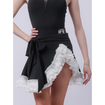 拉丁舞半裙IFV新款女成人舞蹈演出練功服裝藝考蕾絲花邊開叉擺裙
