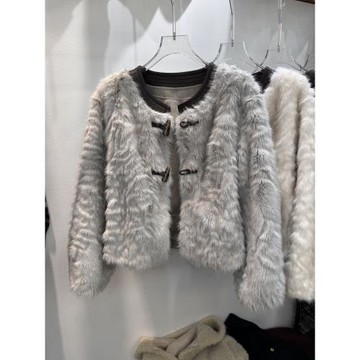 高級感小香風牛角扣短款毛毛外套女秋冬皮毛一體時尚加厚保暖上衣