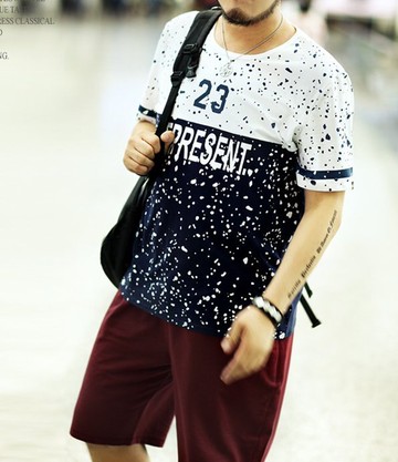 FINDSENSE H1 2018 夏季 新款  潮胖子 個性潑墨印花  加肥 加大碼T恤 短袖  時尚休閒 潮上衣 男