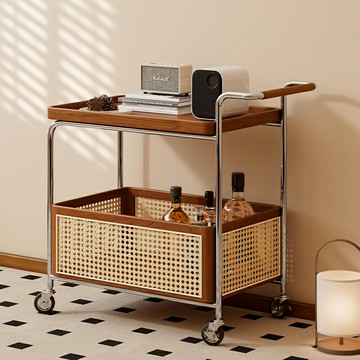 熱銷實木可移動邊幾收納中古小推車客廳沙發儲物置物架藤編簡約餐車