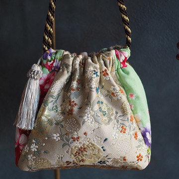 台灣花布x絲綢織物 兩用 手提側背水桶包 ( 獨一無二/免運 )