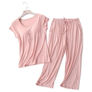 NEW FORCE 莫代爾Bra短袖七分褲套裝 居家服 鬆緊腰帶設計 舒適面料  L  粉色  1套