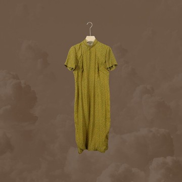 二手 薑黃綠 碎花 古董訂製 短袖 旗袍 CA1125