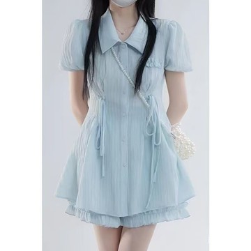 女裝 學院風套裝 日韓可愛係衣服 女生套裝 學生製服 糖霜藍莓藍色甜美法式綁帶連衣裙夏季短袖高腰襯衫兩件套短褲套裝