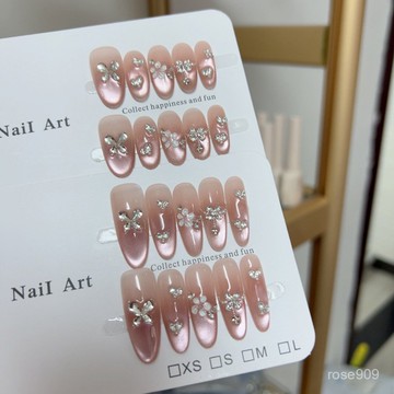 ➕最新設計款穿戴甲💅花香海冰透蝴蝶貓眼漸變法式輕奢爆閃女神氣質顯白純手工穿戴美甲長橢圓穿戴甲 YSAA