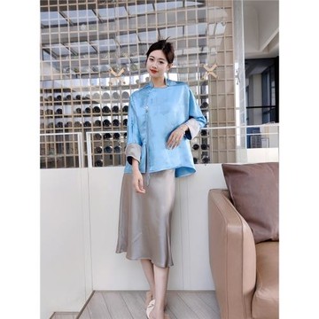 倪妮同款真絲花蘿上衣新中式復古改良中國風盤口斜襟圓領藍色長袖