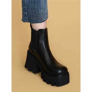 M先生 厚底馬丁靴女真皮機車靴松糕底踝靴方頭短靴新款防水臺裸靴