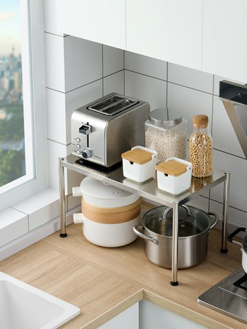 不銹鋼廚房臺面分層置物架桌面放微波爐鍋具調料收納架一層儲物架