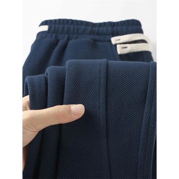 美式休閑風！藏青色重磅斜紋束腳衛褲女 寬松百搭垂感運動長褲男