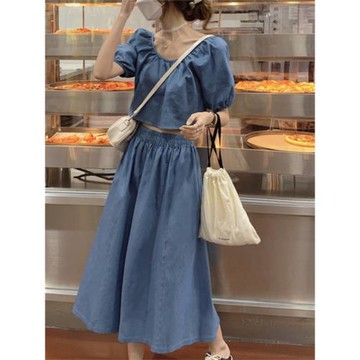 辣妹甜美牛仔套裝裙夏季成套搭配女裝休閑時尚上衣半身長裙兩件套