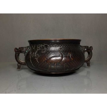 老件紫銅浮雕高10.5*28*16公分4.6公斤福祿壽三星香爐擺件