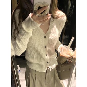 學院風小個子白色v領麻花針織開衫女春秋冬短款毛衣外套韓系上衣