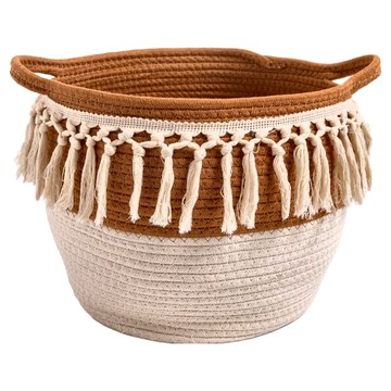 HOLA 和樂家居 棉繩提把流蘇收納籃 740g  30 x 30 x 33cm  咖啡色  1個