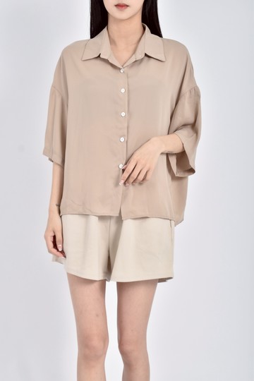 (M) 透膚排扣落肩棕色短袖上衣